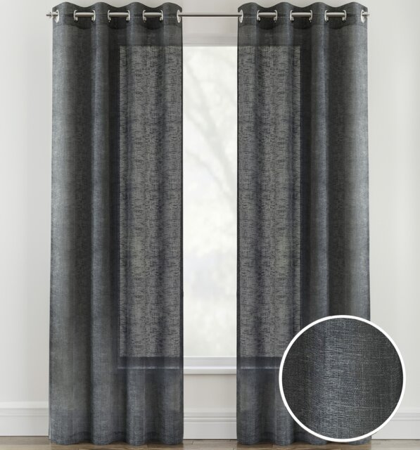 Pair of Crete Charcoal Luxury Linen Look Sheer Panels with Eyelet Header 183 CM