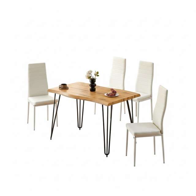 Brown Wooden Dining Table Hairpin Legs with 4 White Faux Leather Chairs - Dining Kitchen Room Furniture