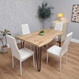 Brown Wooden Dining Table Hairpin Legs with 4 White Faux Leather Chairs - Dining Kitchen Room Furniture
