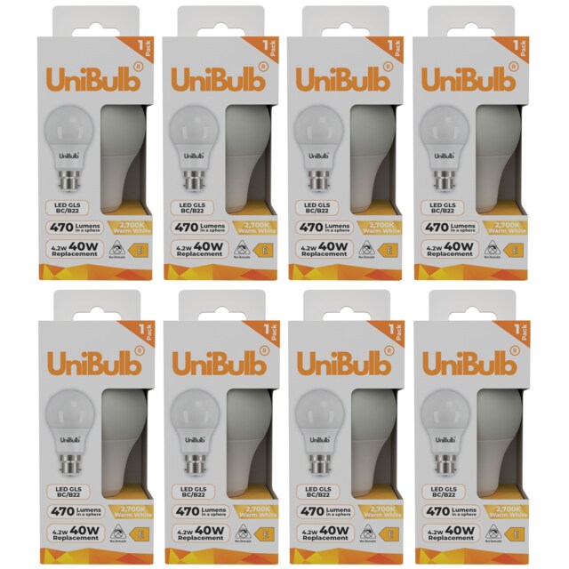 UniBulb LED GLS B22 Bayonet Cap (BC) 470lm 4.2W (Replaces 40W) 2700K (Warm White) Light Bulb - Pack of 8