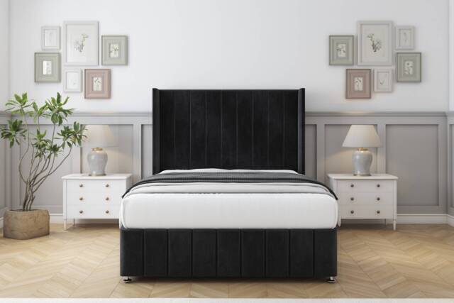 "Sloomy Melbourne Black Naples Divan Bed With Mattress 2 Drawers Footend With 54"" Wingback Headboard & 12"" Matching Footboard 4'6 Double Black Black Double 1"