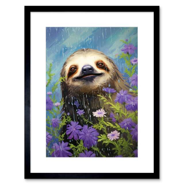 "Carefree Sloth a Field of Lavender Daisies 9x7"" Black Framed Wall Art Print"