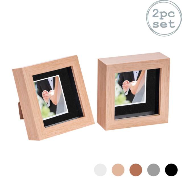 "Nicola Spring 4 x 4"" Photo Frames - Light Wood/Black Mount - 3D Picture Frame Box Portrait Display Case (12.5 x 12.5cm) Set of 2"