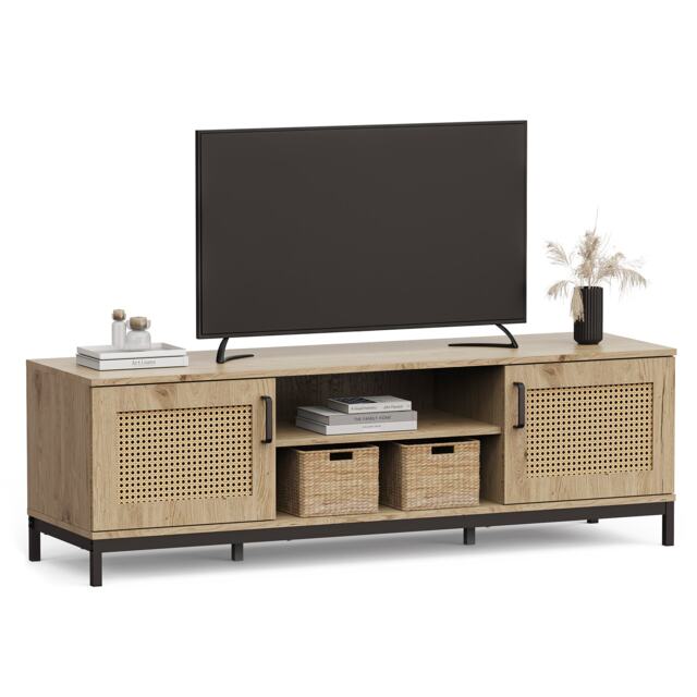 Vonhaus Lena Rattan Effect TV Stand with 2 Open Shelves for Living Room