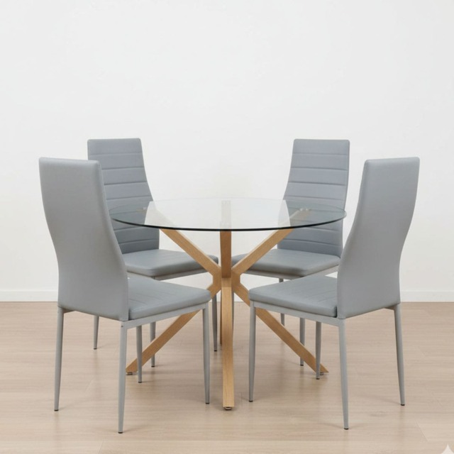 Round Glass Dining Table Set With 4 grey faux leather Chairs Dining Room Furniture