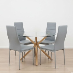 Round Glass Dining Table Set With 4 grey faux leather Chairs Dining Room Furniture