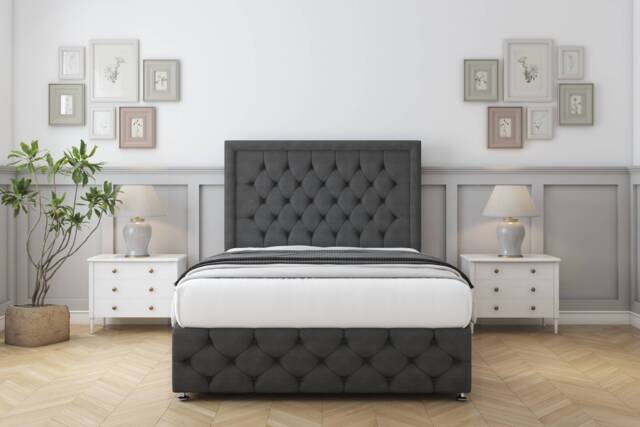 "Sloomy Vienna Graphite Dumfries Divan Bed With Mattress 2 Drawers Right Side With 54"" Floor Standing Headboard & 12"" Matching Footboard 5' King Grey Graphite King 1"