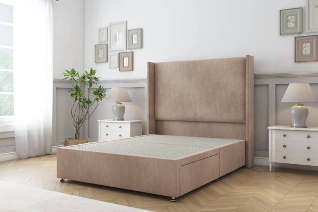 Sloomy Devonshire Mink Naples Divan Bed Base No Drawers With 54 Inch Wingback Headboard Brown Mink Single 1