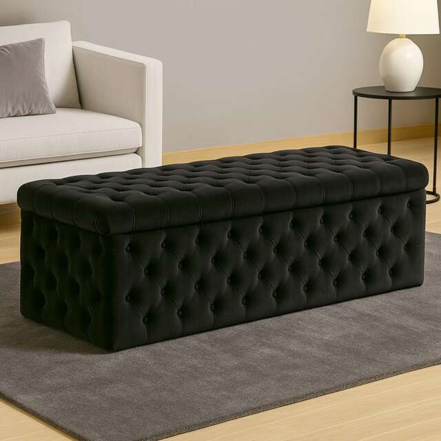 90cm Wide Lux Ottoman Storage Box, Black Velvet Upholstered Chesterfield Storage Ottoman Box