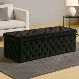 90cm Wide Lux Ottoman Storage Box, Black Velvet Upholstered Chesterfield Storage Ottoman Box