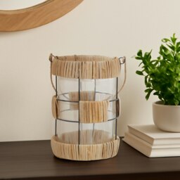 Orsina Natural Rattan Large Lantern, Rustic and Stylish Glass Lantern, Black Metal and Clear Glass Candle Lantern