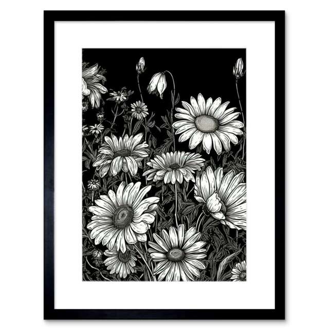 "Daisy Flower Bed Meadow Black & White 9x7"" Black Framed Wall Art Print"