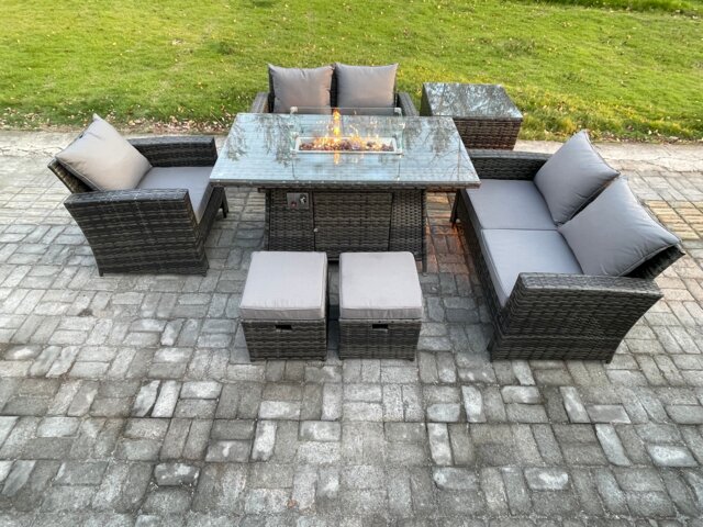Fimous Rattan Outdoor Garden Furniture Gas Fire Pit Table Sets Gas Heater with Love Sofa Armchair Side Table 2 Small Footstools 7 Seater Dark Mixed Grey