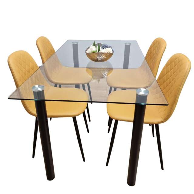 White Clear Glass Dining Table with 4 Mustard Chairs Dining Room Furniture