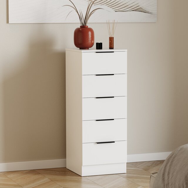 Vida Designs Trega 5 Drawer Narrow Chest of Drawers Bedroom Storage Unit, (H) 90cm x (W) 34.5cm x (D) 36cm, White