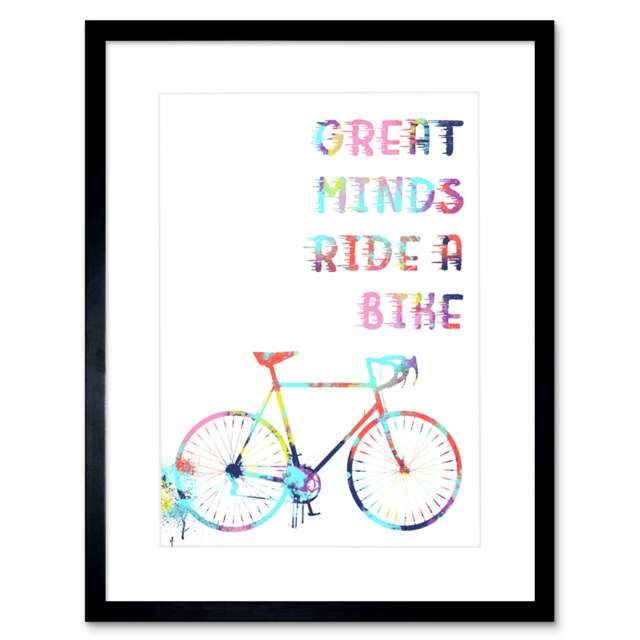 "Great Minds Ride A Bike Cycle Cyclist Quote Colourful 9x7"" Black Framed Wall Art Print"