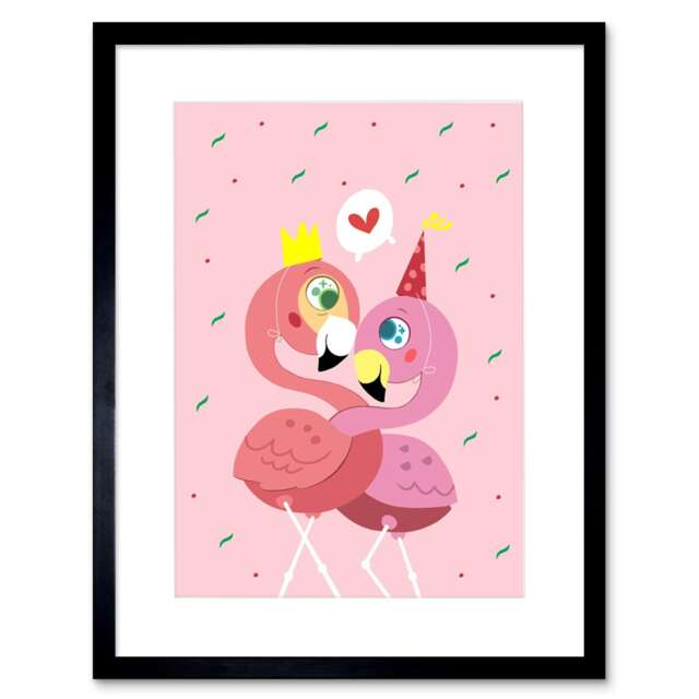 "Flamingo Birds Love Cute Kawaii Cartoon Kids Bedroom 9x7"" Black Framed Wall Art Print"