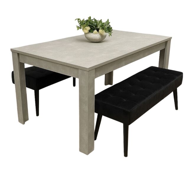 Stone Grey Effect Wood Dining Table Set with 2 Black Velvet Benches Stylish Dining Room Furniture