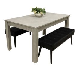 Stone Grey Effect Wood Dining Table Set with 2 Black Velvet Benches Stylish Dining Room Furniture
