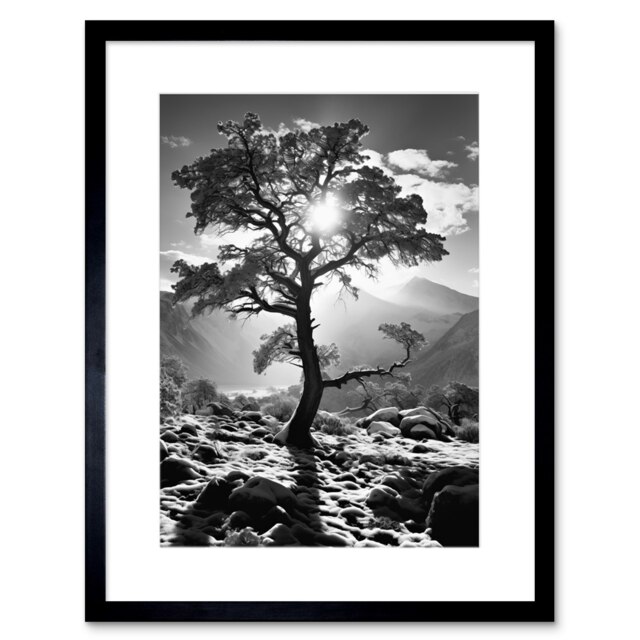 "Frozen Tree Mountain Forest Landscape Winter 9x7"" Black Framed Wall Art Print"