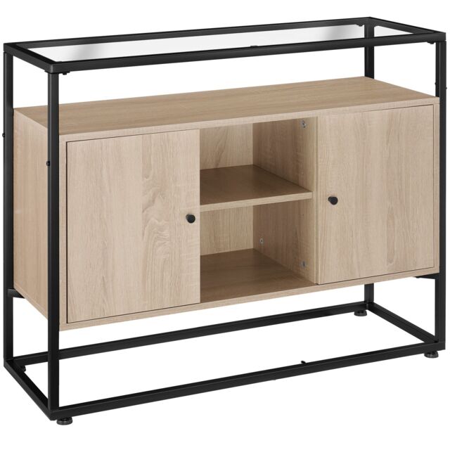 Sideboard Oldham - glass top, open shelves, 2 storage compartments Brown industrial wood light, oak Sonoma 100 x 38 x 80,50 cm 1