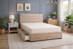Divan Bed Set Headboard and Footboard with Mattress 4ft6 Double Beige Suede Storage 4 Drawers