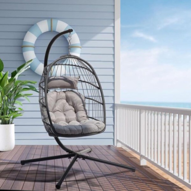 Rattan Foldable Hanging Egg Chair with Cushion Stand