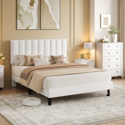 London Boutique Double Velvet Upholstered Bed Frame with Adjustable Tufted Headboard - White