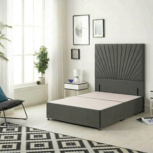 Sunburst Divan Bed with 54'' Floor Standing Headboard Tweed Fabric Grey Charcoal