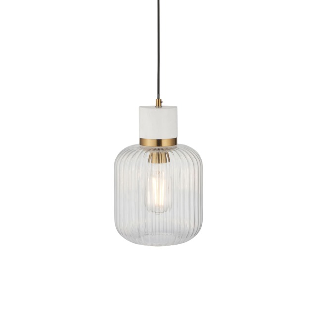 Travi Ribbed Slim Pendant Ceiling Light White Volakas Marble, Vintage Brass & Clear Ribbed Glass E27