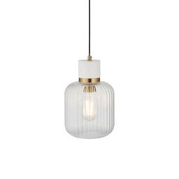 Travi Ribbed Slim Pendant Ceiling Light White Volakas Marble, Vintage Brass & Clear Ribbed Glass E27