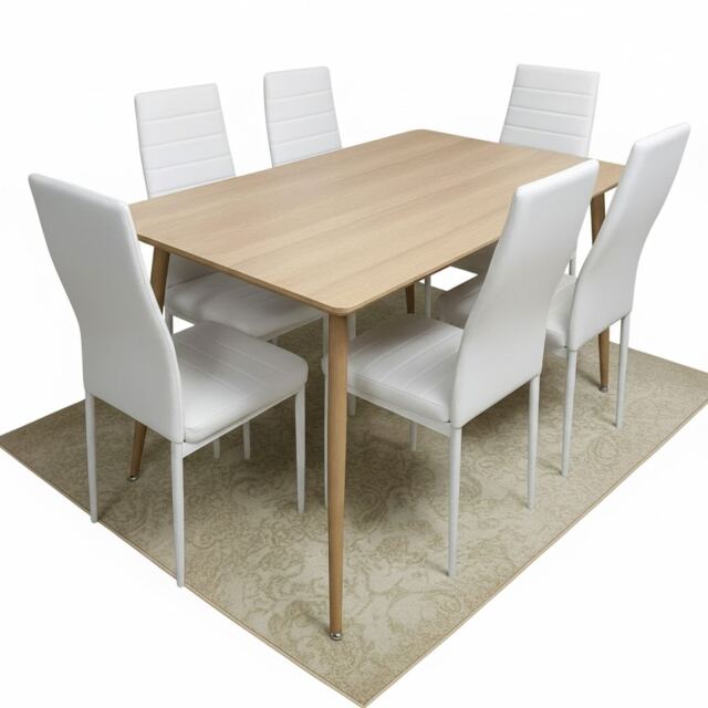 Wooden Dining Table Set with 6 white Faux Leather Chairs Dining Kitchen Furniture Set