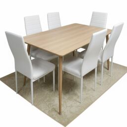Wooden Dining Table Set with 6 white Faux Leather Chairs Dining Kitchen Furniture Set