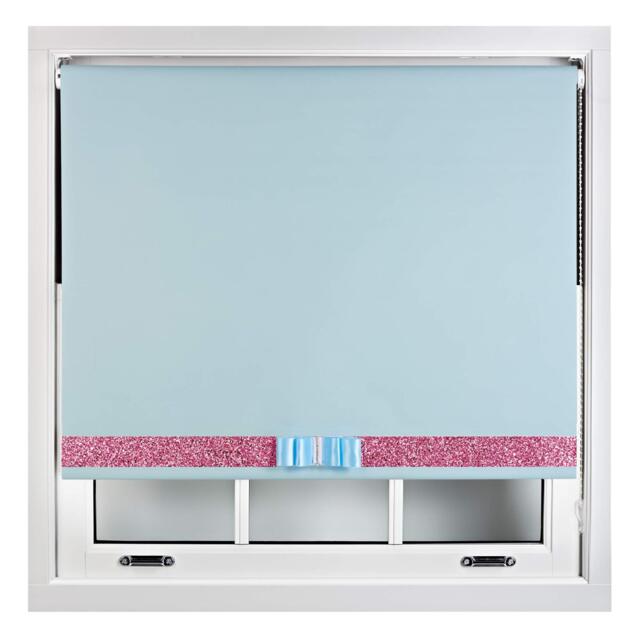 FURNISHED Blackout Roller Blind with Pink Glitter Trim and Duck Egg Bow Trimmable Window Shade Blue Duck Egg Blue (W) 175cm x (L) 210cm
