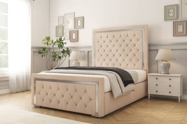 "Sloomy Sofia Chrome Sand Naples Bed Frame With 50"" Upholstered Headboard 3' Single"