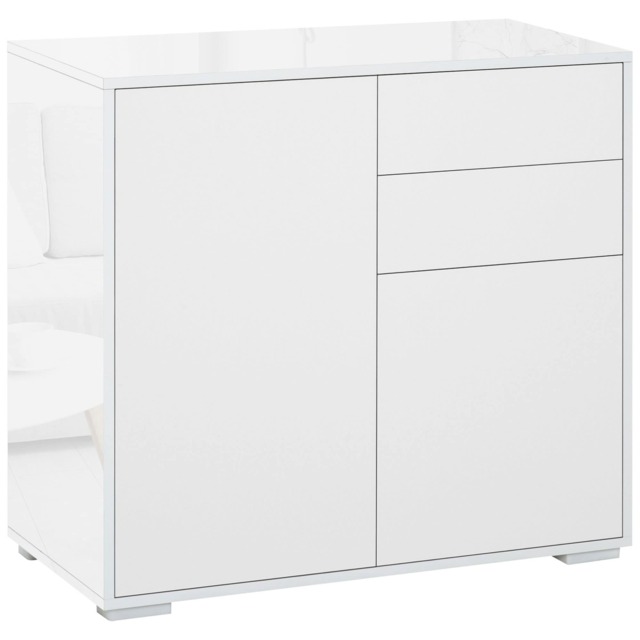 HOMCOM High Gloss Frame Sideboard, Side Cabinet, Push-Open Design with 2 Drawer for Living Room, Bedroom, White