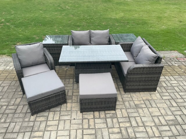 Fimous Wicker PE Rattan Furniture Garden Dining Set Outdoor Height Adjustable Rising lifting Table Love Sofa With Reclining Chair 2 Side Tables 2 Big Footstool
