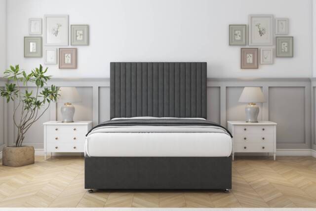 "Sloomy Manhattan Graphite Dumfries Divan Bed With Mattress 2 Drawers Same Side With 54"" Floor Standing Headboard 4' Small Double Grey Graphite Small Double 1"