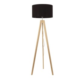 ValueLights Jackson Natural Wood Tripod Floor Lamp Black Shade and Bulb