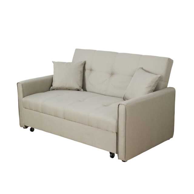Linen Upholstered Two Seater Pull-Out Double Sofa Bed Chair Cream Beige
