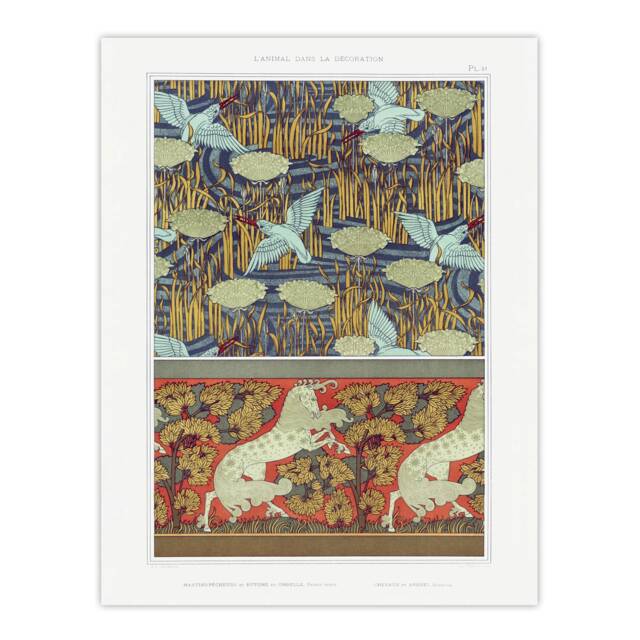 "Kingfisher Bird and Horse Pattern Vintage Wall Art Print Verneuil 12x16"""