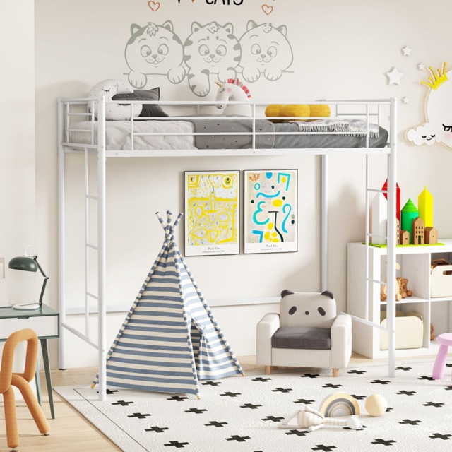 COSTWAY Metal Loft Bed Frame with Safety Guardrail White