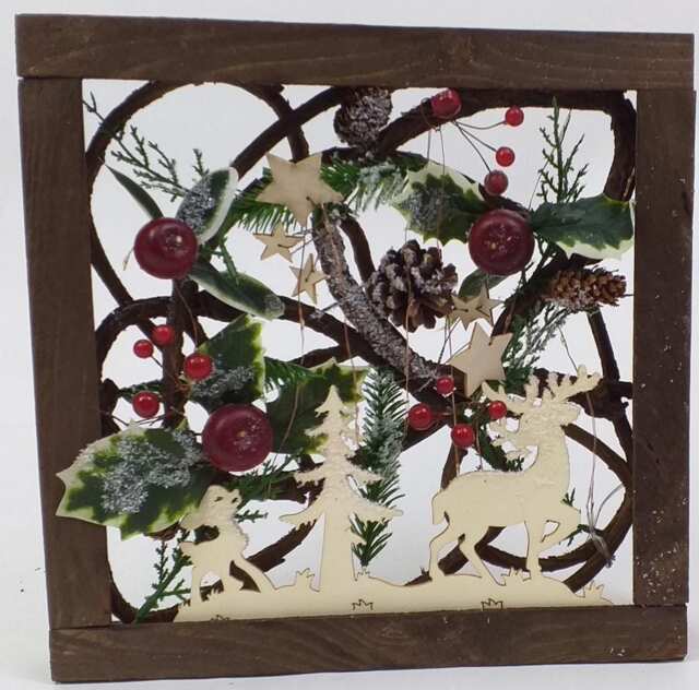 Prelit Wooden Square Frame Tabletop Decorations Xmas with Leaves Pine Cones Berries 3D Nordic Scene,30cm