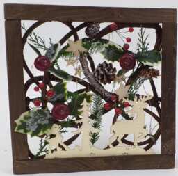 Prelit Wooden Square Frame Tabletop Decorations Xmas with Leaves Pine Cones Berries 3D Nordic Scene,30cm