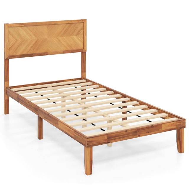 COSTWAY Single Mid-Century Acacia Wood Bed Frame Yellow