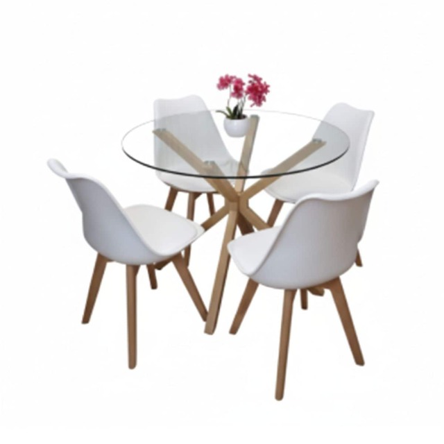Kosy Koala Round Glass Dining Table Set With 4 White Plastic Chairs Dining Room Furniture