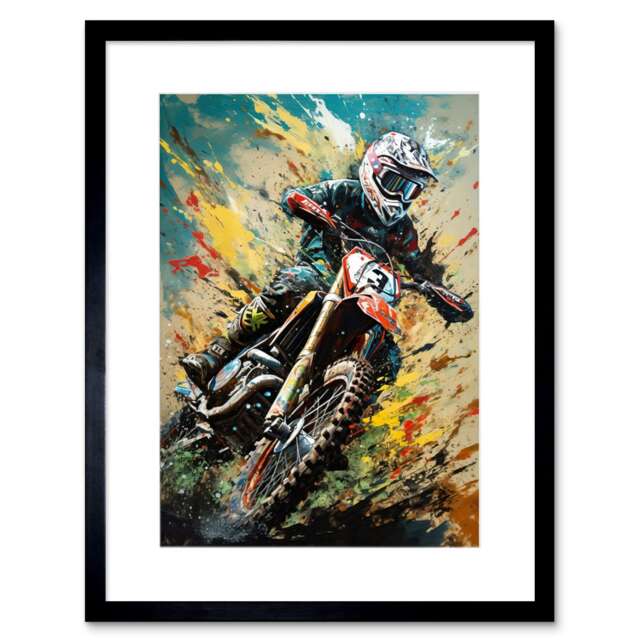 "Motocross Race Sport Driver Action Motorbike 9x7"" Black Framed Wall Art Print"
