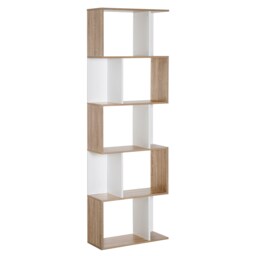 HOMCOM Bookcase, S-Shaped Wooden Bookshelf, 5 6 Tiers Freestanding Storage Shelf, Home Office Decorative Display Stand Rack, Oak and White, 24D x 60W x 184.5H
