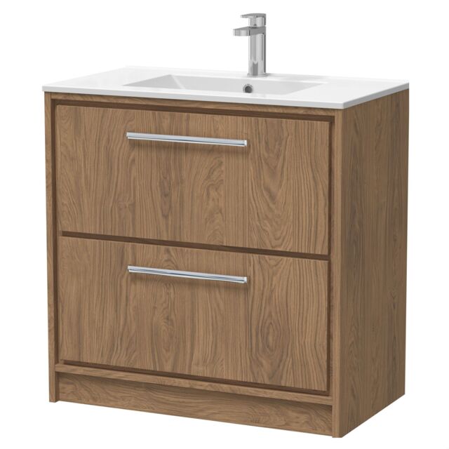 Balterley Longnor 2 Drawer Floor Standing Vanity Unit with 1 Tap Hole Minimalist Basin, Antique Oak, 800mm