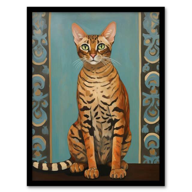 Bengal Beauty Tabby Cat Lover Portrait Home Decor Black Framed Wall Art Print A4